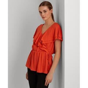 RALPH LAUREN Womens Orange Ruffled Short Sleeve V Neck Peplum Top XL